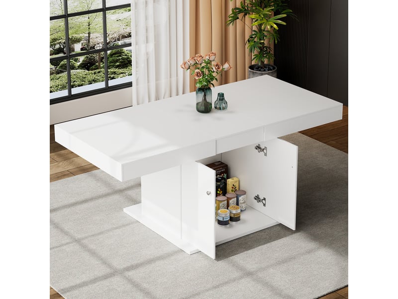  Table à manger rectangulaire extensible 140-180 x 80 cm avec rallonge automatique et grand rangement, plateau blanc, 4 à 8 places, design moderne  - Conforama C