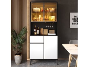 Vitrine 4 portes 1 tiroir avec led réglable, étagères et porte-verres pour salle à manger en mdf noir et blanc 80 × 40 × 180 cm