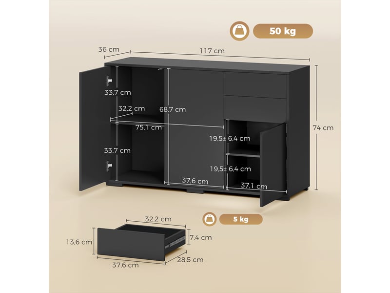  Buffet, commode, crédence, 2 tiroirs, fermeture par pression, 117 cm x 36 cm x 74 cm, noir  - Conforama E