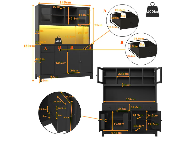  Buffet haut 140 x 38,5 x 180 cm avec led rgb pilotée par application, portes vitrées et 4 tiroirs, noir  - Conforama C