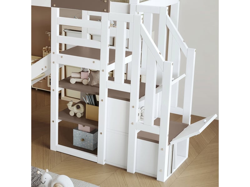  Lit superposé enfant 90x200 cm avec toboggan et escaliers, pin et mdf, blanc, sans matelas  - Conforama R
