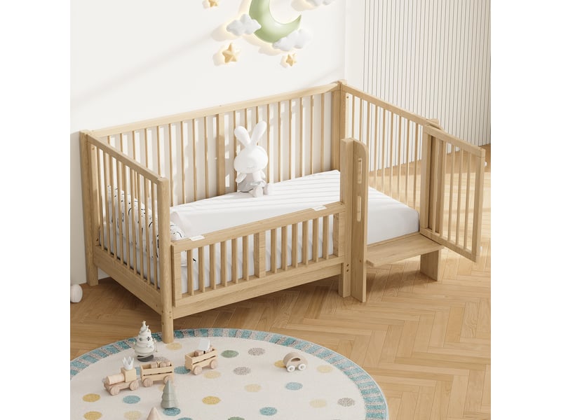 Lit enfant simple 140×70 cm avec barrière rabattable et marchepied - sans matelas, bois massif - naturel - Conforama B