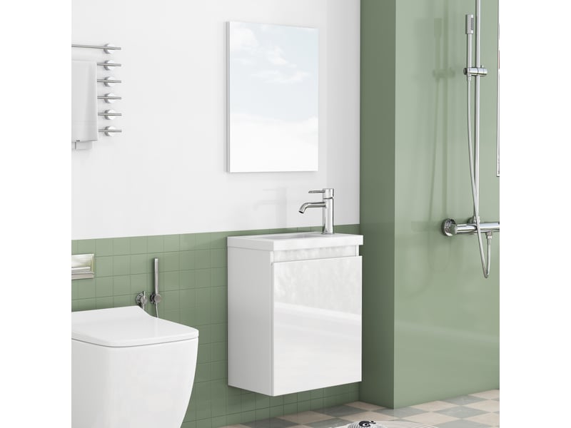  Meuble vasque suspendu 40 cm blanc brillant mdf sans poignée avec miroir et lavabo céramique evarich - Conforama D