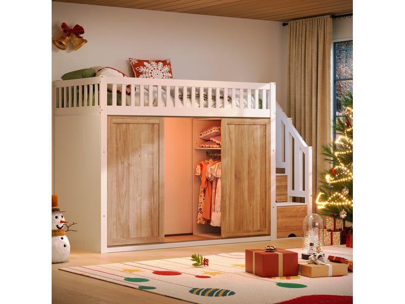 Lit mezzanine enfant 90x200 cm, avec armoire, escalier de rangement, led, sommier, bois, blanc et chêne, sans matelas - Conforama E