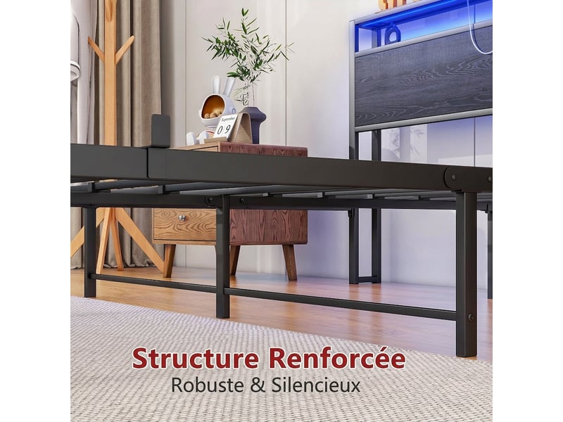 Lit 140x200 avec rangement cadre de lit en métal noir tête de lit étagère led usb  - Conforama E