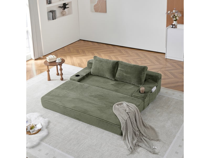  Canapé-lit convertible 2-en-1 en velours côtelé, avec 2 coussins, porte-gobelets intégrés et poches de rangement latérales - vert  - Conforama E