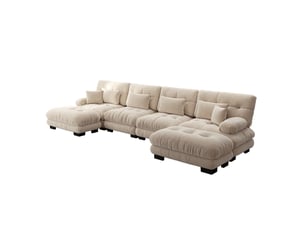 Canapé d'angle modulable 4 places en tissu marron clair avec ottomans mobiles, confort enveloppant au salon