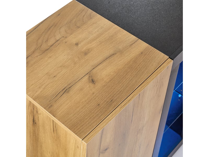 Buffet moderne 140 cm avec éclairage led, meuble vitrine noir et marron, 3 tiroirs, 1 porte et étagères en verre réglables - Conforama C