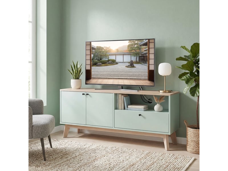  Meuble tv 120 cm, meuble télé pour téléviseur jusqu'à 36 pouces avec 2 portes, tiroir, vert clair, compartiment ouvert  - Conforama D