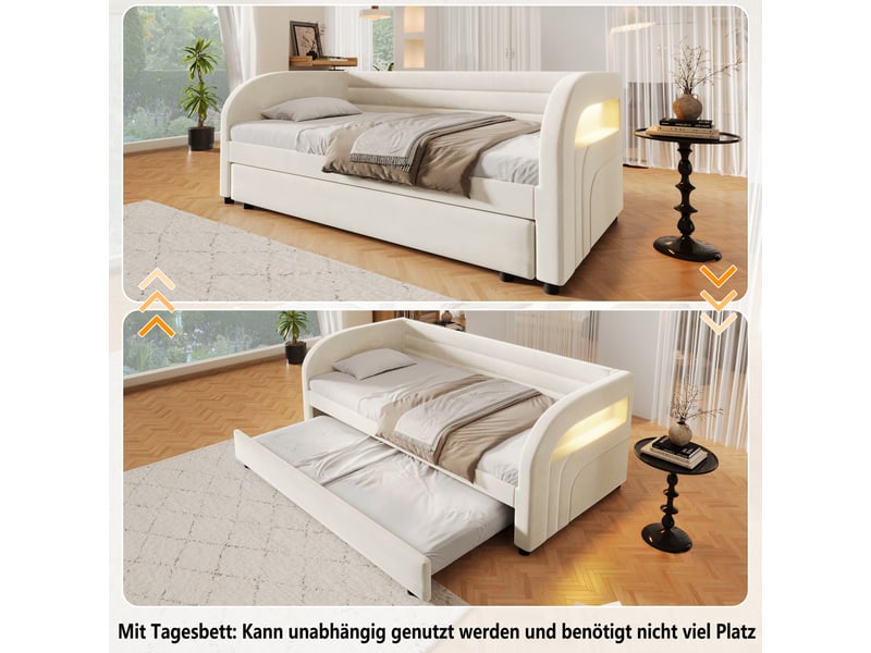  Lit banquette simple 90×200 cm avec lit gigogne et led - okmyhome- en flanelle beige, sans matelas  - Conforama E