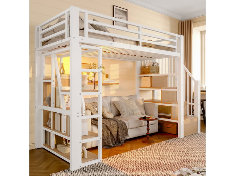  Lit surélevé 90 x 200 cm blanc, led, marches intégrées, garde-corps, échelle, sans matelas, métal et mdf  - Conforama C