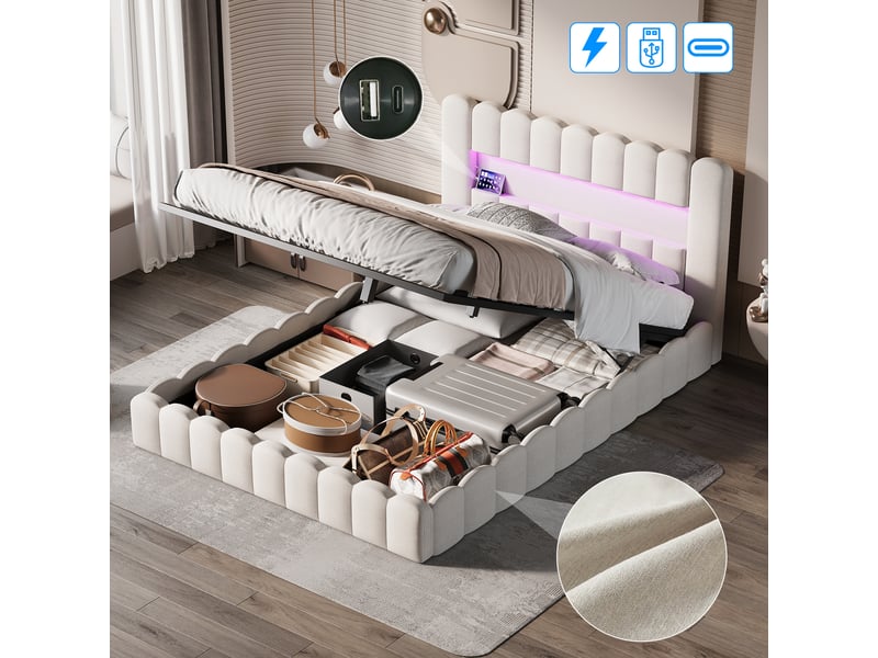  Lit coffre capitonné 160x200 cm, lit 2 places avec sommier, led et usb, rangement et tête de lit, lit adulte en lin, beige  - Conforama E