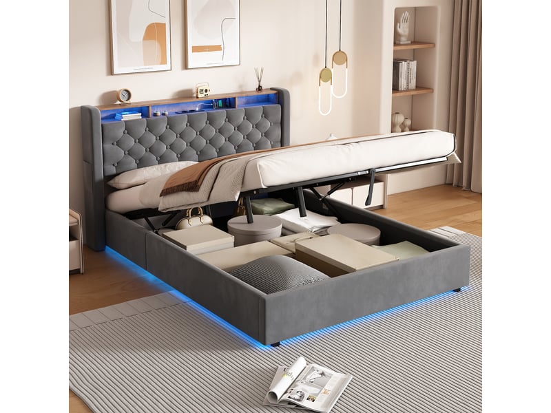  Tcqpz lit coffre 140x200 cm velours holland gris avec étagère de tête de lit  - Conforama B