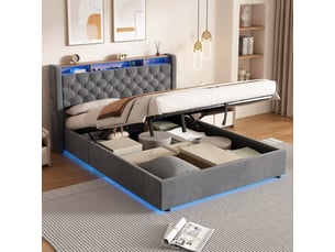 Tcqpz lit coffre 140x200 cm velours holland gris avec étagère de tête de lit