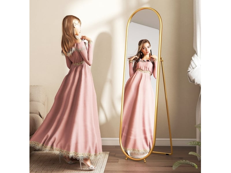  Miroir sur pied ovale 50 x 180 cm, cadre en métal doré, support rabattable  - Conforama D
