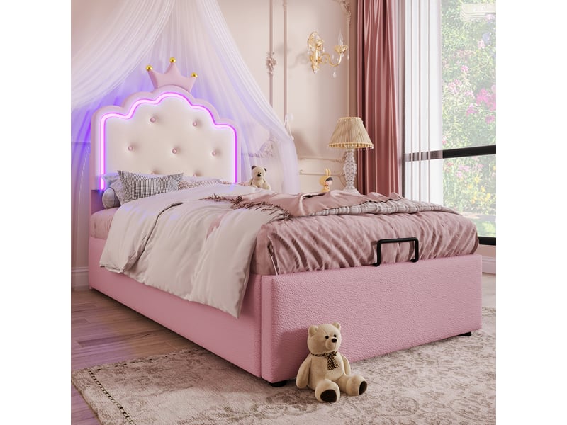  Lit coffre 90x200 cm en pu avec rangement hydraulique, éclairage led - rose  - Conforama B