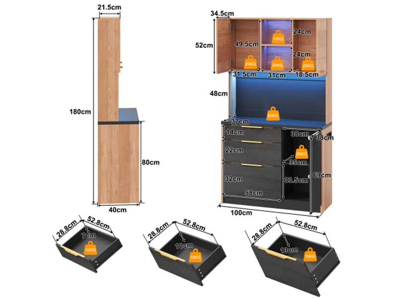  Colonne haute de cuisine 100×40×180 cm – look béton, plan noir, led réglables, prise européenne, style moderne  - Conforama C