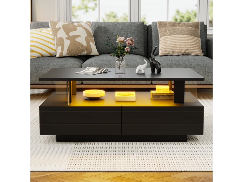 Table basse led noire en acrylique avec 2 tiroirs, contrôle par application bluetooth, 100x50x42 cm - Conforama D