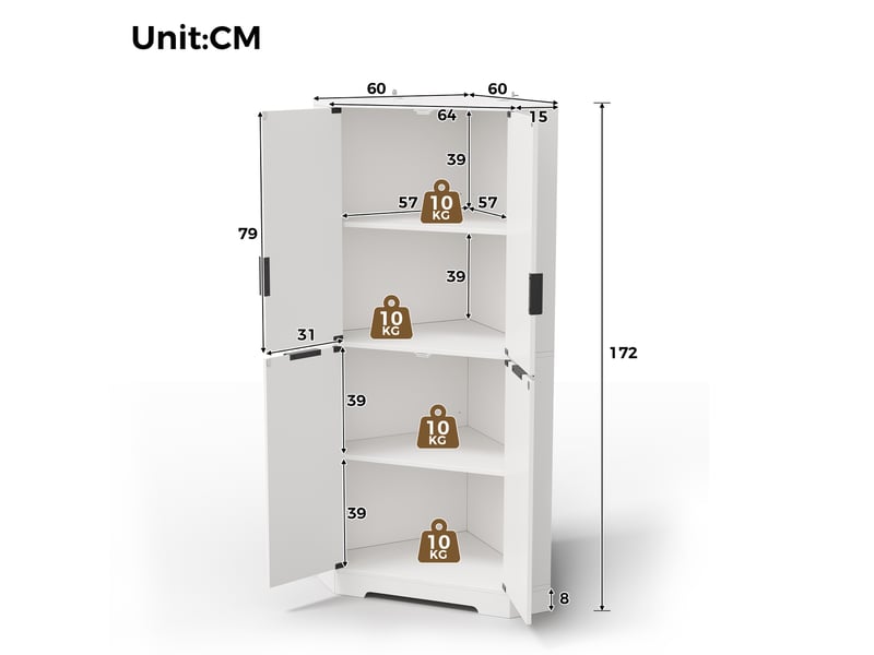  Meuble d'angle 4 portes avec étagères réglables blanc 60 x 60 x 172 cm  - Conforama C