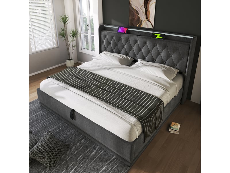  Lit coffre 140 x 200 cm avec matelas, led 360°, usb type-c, gris en lin rembourré  - Conforama B