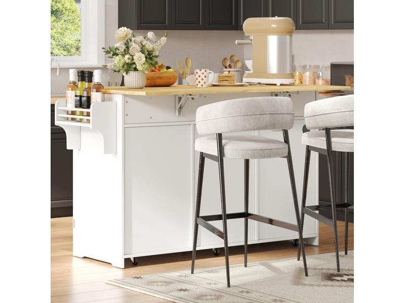  Desserte de cuisine mobile 136 x 75 x 92 cm, plateau rabattable, blanc et naturel  - Conforama E