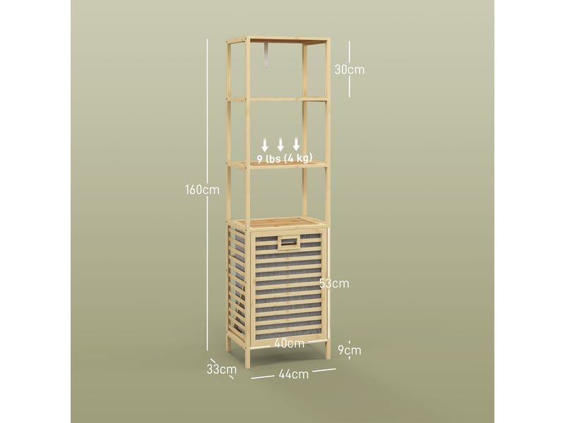  Étagère de salle de bain en bambou, 44 x 33 x 160 cm, 3 étagères ouvertes, panier amovible et système anti-basculement  - Conforama C