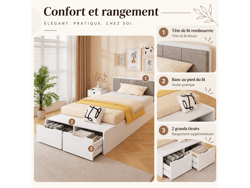 Lit enfant 90x200cm, banc de bout de lit avec 2 tiroirs, tête de lit rembourrée, sommier à lattes, panneaux de bois et tissu, blanc OMNIGLINT TRADING LTD - Conforama E