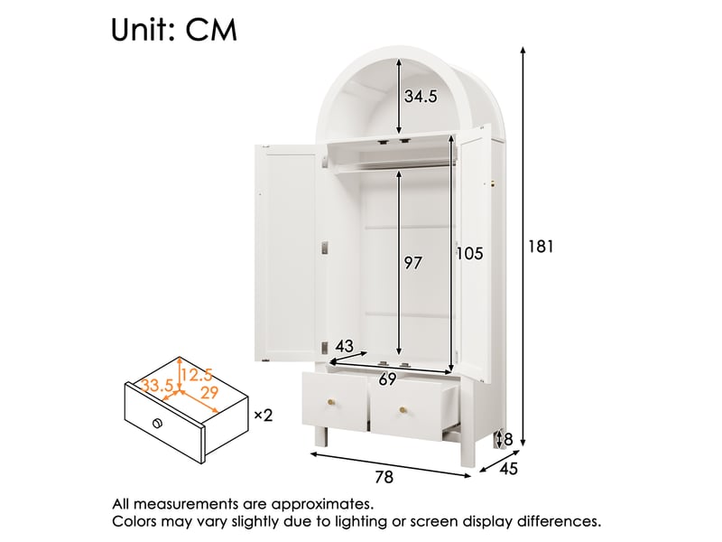 Armoire de chambre 181x78x45 cm avec sommet arqué et cannage rotin, armoire dressing avec 2 portes magnétiques, 2 tiroirs, tringle, blanc OPULERANE TRADING LTD - Conforama C