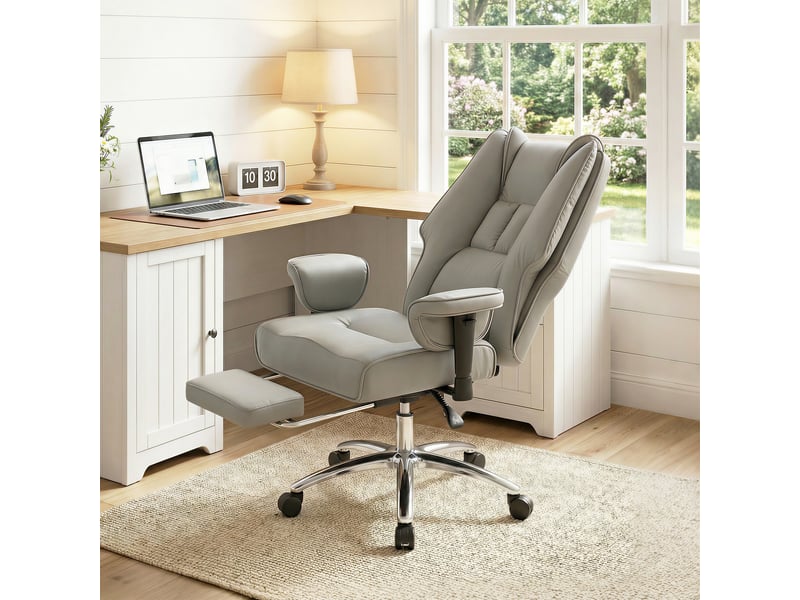  Fauteuil de bureau ergonomique inclinable avec repose-pieds, dossier haut, hauteur réglable, gris clair  - Conforama C
