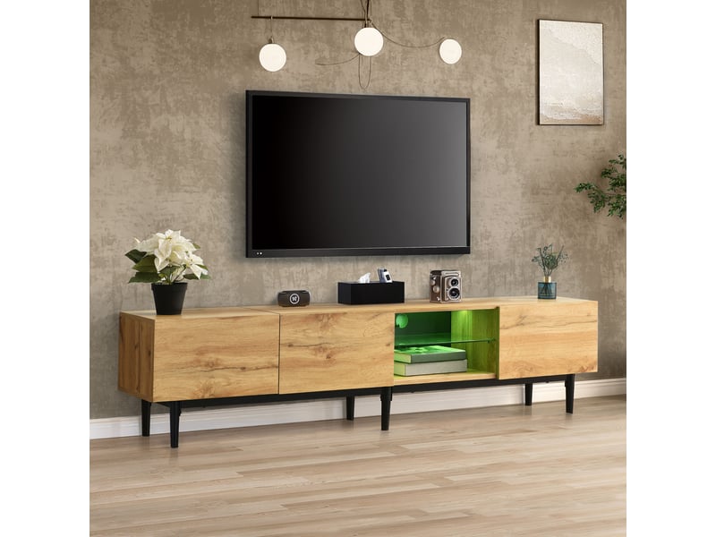  Meuble tv 3 compartiments avec rangement led pour salon en mdf 175×31×41 cm chêne clair et noir  - Conforama B