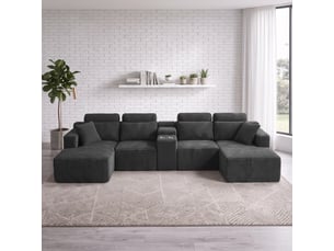 Canapé panoramique modulable compressé 6 places 372x151x80 cm, forme u, 2 porte-gobelets, sans structure, velours côtelé gris foncé