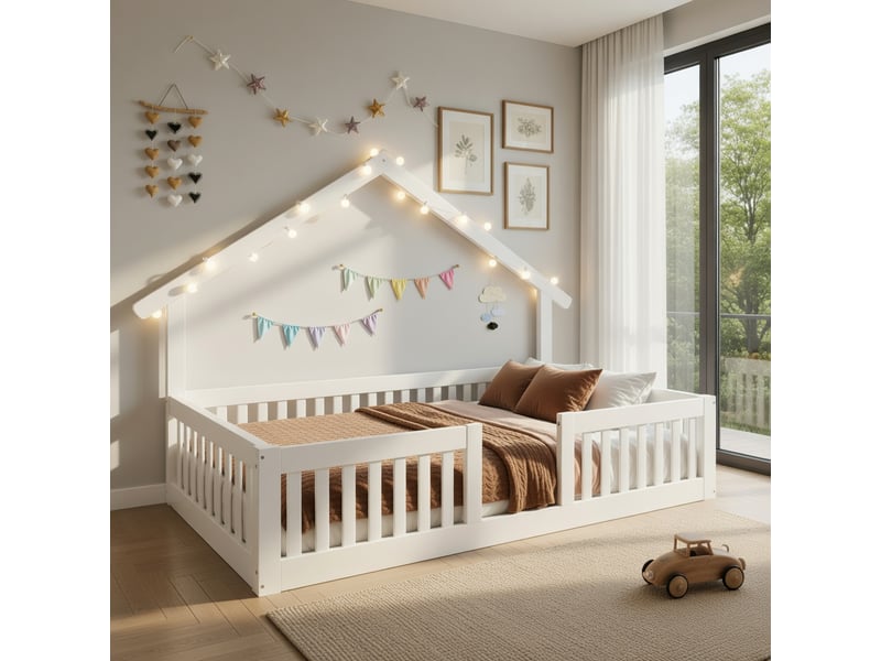  Lit d'enfant 140 x 200 cm, avec barrière de sécurité, guirlande lumineuse led, blanc  - Conforama B