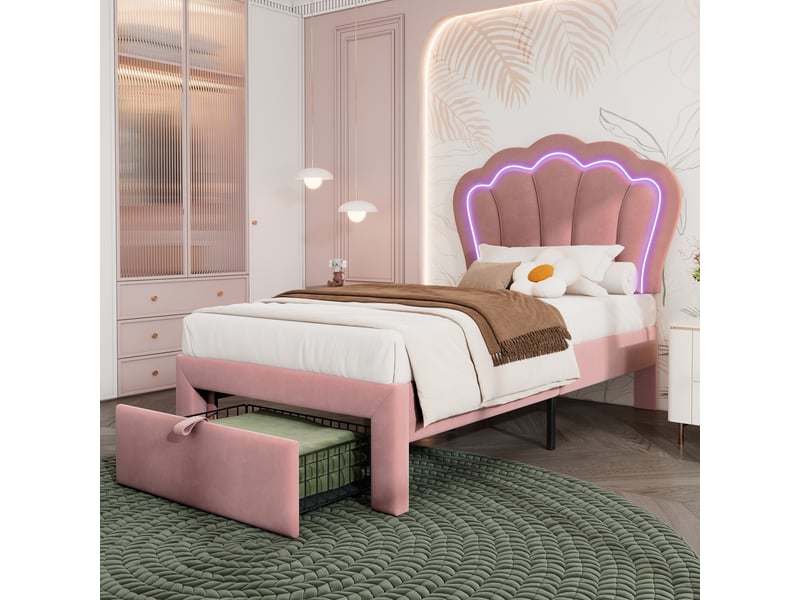  Lit enfant 90x200 velours rose - cadre avec tiroir, led rgb connectée et tête de lit réglable  - Conforama R