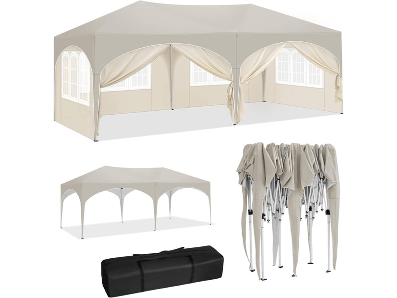 Gazebo pliable 3x6 m avec 6 parois, hauteur réglable, protection uv, sac de transport - Conforama A