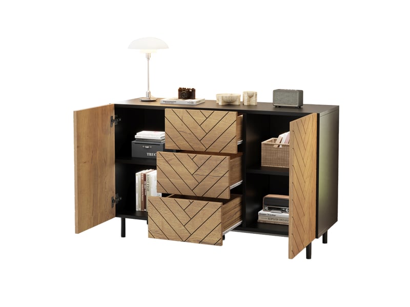  Buffet de rangement 120 x 40 x 76 cm – 3 tiroirs et 2 placards – noir et décor bois  - Conforama A