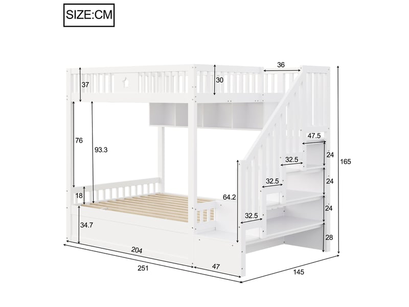  Lit superposé 140 x 200 cm avec rangement hydraulique, étagères et escalier blanc  - Conforama C