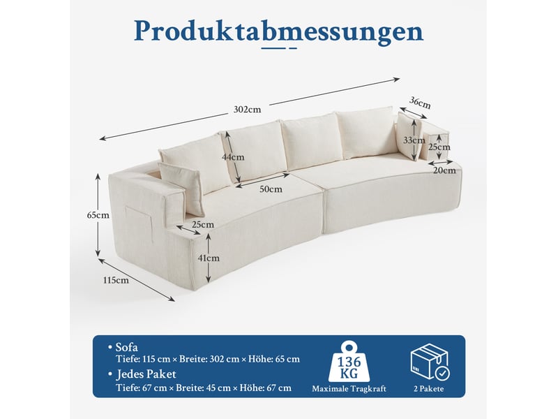  Canapé modulaire 4 places avec assise profonde ressorts et coussins forme incurvée en velours blanc 302 × 115 × 65 cm  - Conforama E