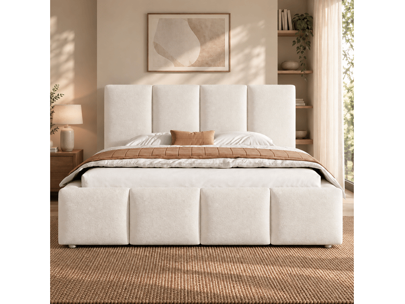  Lit coffre modenvie 160 x 200 cm avec sommier et tête de lit bouclé blanc  - Conforama D