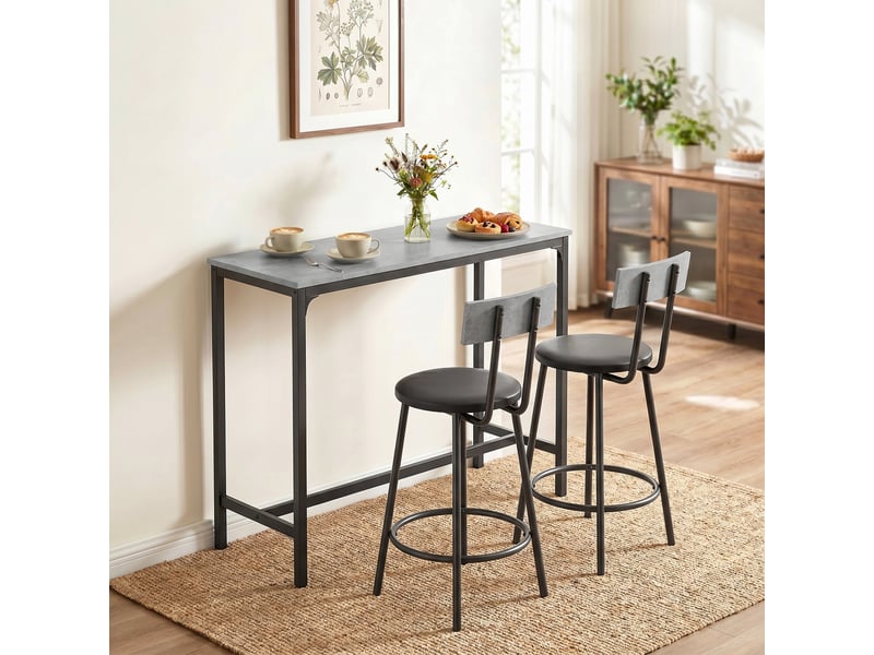  Table de bar avec tabourets assortis, table haute avec 2 tabourets rembourrés et repose-pieds, idéale pour les petits espaces, gris.  - Conforama D
