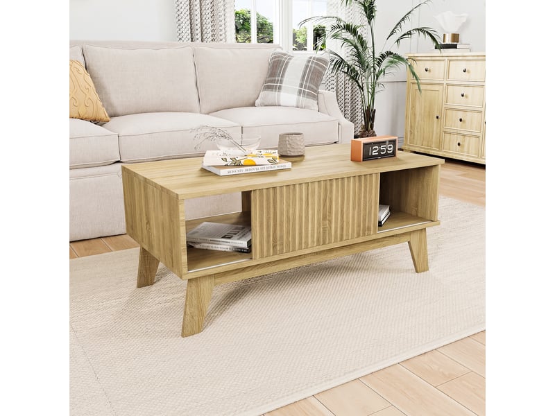  Table basse bois – porte coulissante – rangement double – design moderne – 95×48×41 cm  - Conforama D
