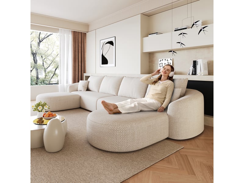 Canapé d'angle en u blanc xxl 336cm modulable en mousse compressée sans montage pour salon - Conforama E