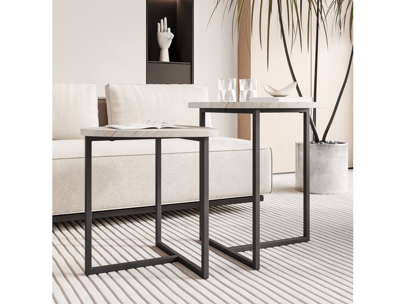 Lot de 2 tables basses gigognes à plateau en forme de cœur en métal coloris chêne blanc américain  - Conforama B