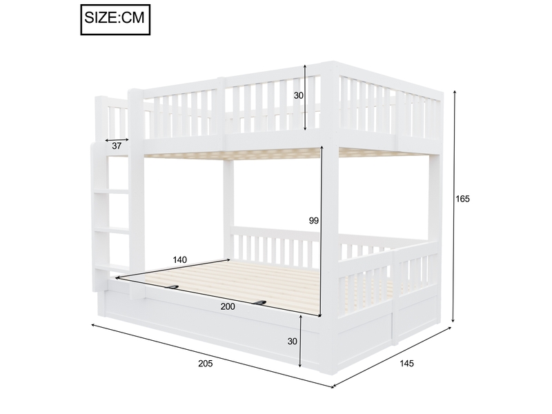  Lit superposé enfant 140x200 cm en bois avec rangement hydraulique, 2 couchages, échelle avec marches intégrées - blanc  - Conforama C