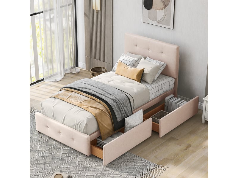  Lit simple 90x200 cm, velours beige foncé, dossier ajustable, deux tiroirs et cadre intérieur stable  - Conforama E