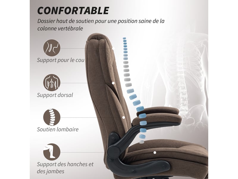 Fauteuil de bureau, chaise bureau ergonomique, hauteur réglable, accoudoirs relevables, 70 x 70 x 114-122 cm, marron  - Conforama D