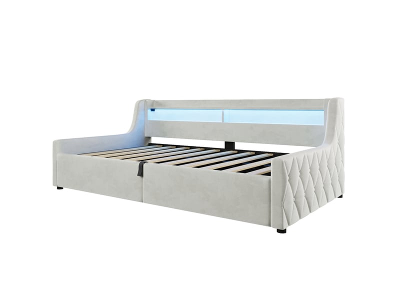  Lit enfant capitonné 90x200 lit coffre hydraulique lit simple avec rangement éclairage led, beige  - Conforama R