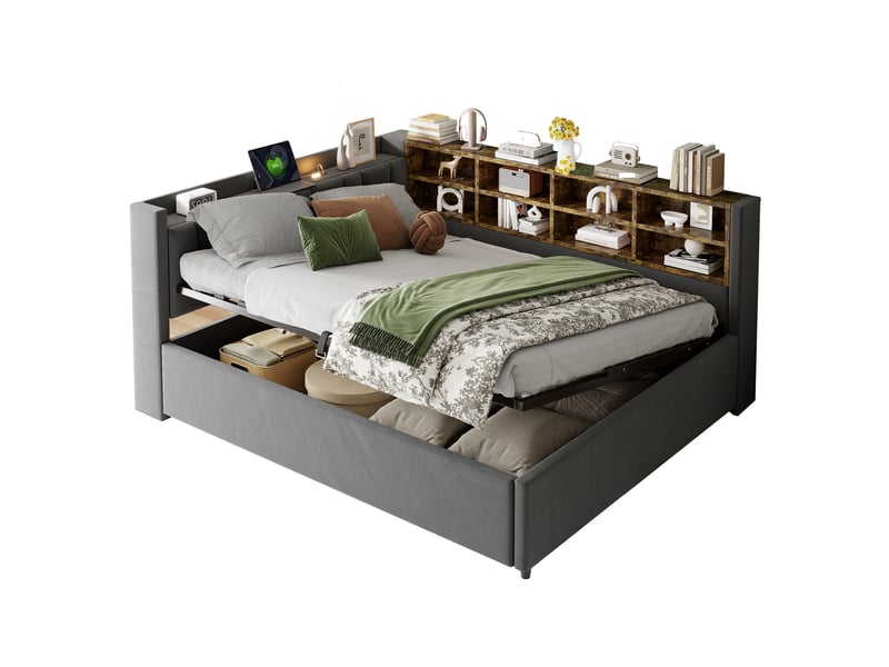 Lit coffre 140x200 cm en velours gris foncé avec veilleuse et ports usb - Conforama A