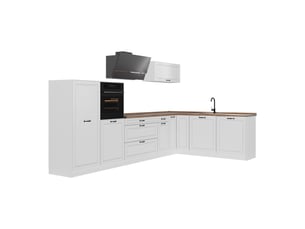Vicco cuisine en angle, blanc campagneblanc, 347 x cm plan de travail chêne doré