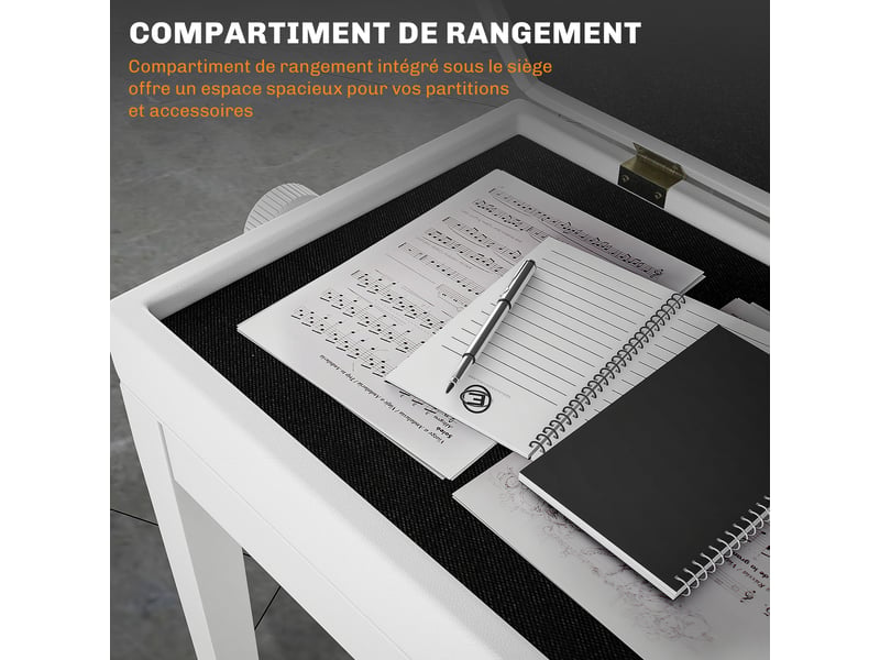  Banc de piano, banc de clavier réglable en hauteur en bois massif, compartiment de rangement, 55 x 33 x 48-58 cm blanc  - Conforama E