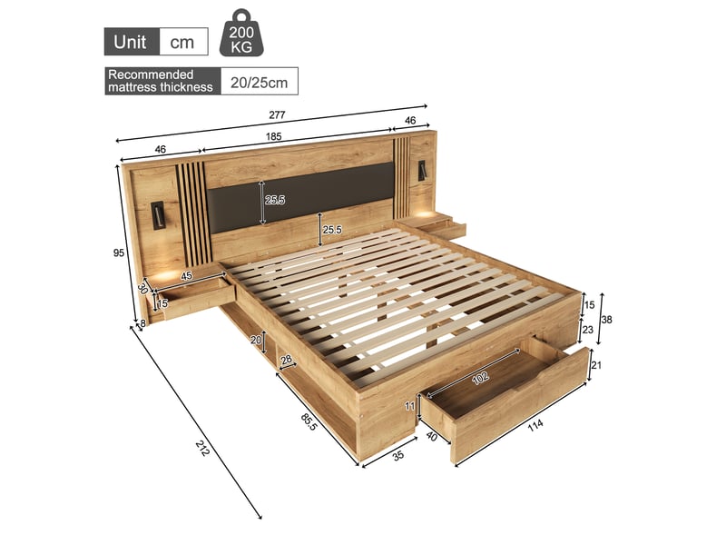  Lit double 180 x 200 cm, lit coffre, lit en bois, lit enfant, avec lampe de lecture, 2 tables de chevet, tiroirs, coloris naturel  - Conforama C